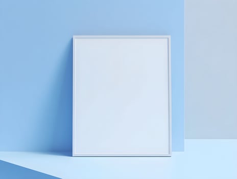 Blank frame for wall art mockup in minimalist modern interior with blue accents and coquette style photo