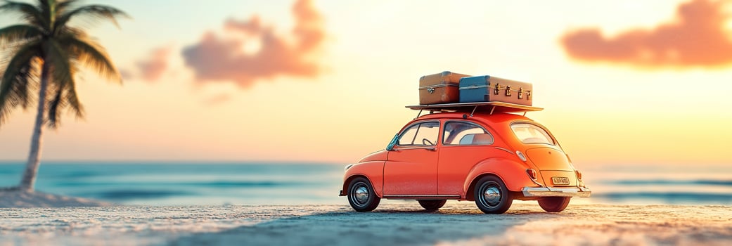 banner image little orange retro toy car with luggage on blurred sea or ocean beach with green palm trees background at sunset or sunrise with copy space summer vacation traveling concept photo