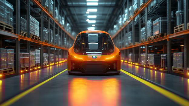 An automated vehicle moves along a well organized aisle in a modern logistics warehouse, efficiently transporting goods for streamlined inventory and distribution processes. photo