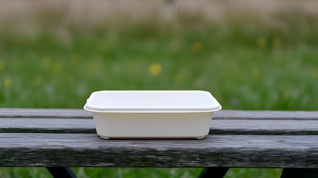 Empty White Biodegradable Food Container on Wooden Bench Outdoor Park Setting photo