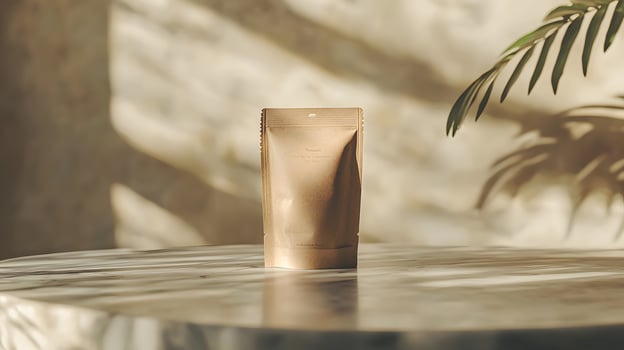Eco Friendly Kraft Paper Pouch Mockup on Marble Table with Soft Sunlight photo