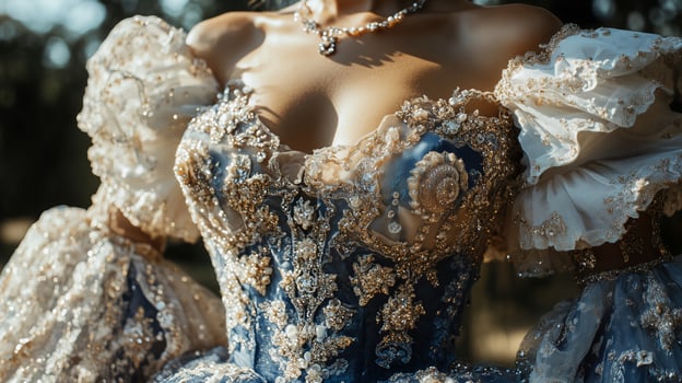 A woman in a blue and gold dress photo
