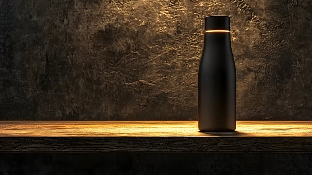Sleek Black Water Bottle on Rustic Wooden Shelf Dark Background photo