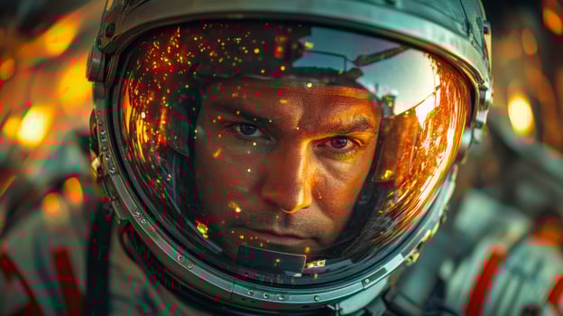 Astronaut focuses intently as high energy ignition flames reflect in helmet visor, signaling the excitement of upcoming spaceflight and the challenges of propulsion, landing, and recovery. photo