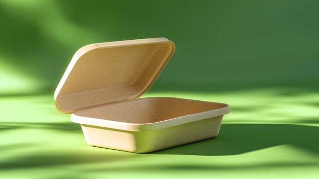 Eco Friendly Disposable Food Container Sustainable Packaging Open Cardboard Box Green Background photo