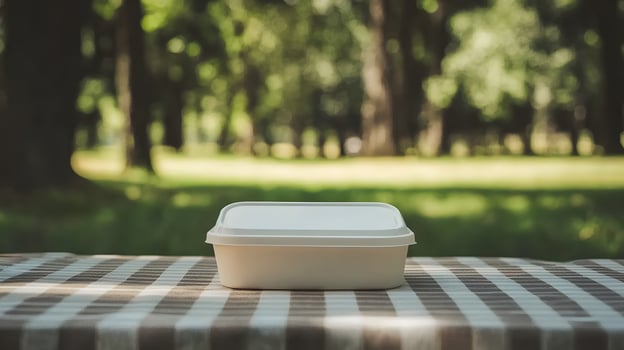 White Disposable Food Container on Picnic Table in Park Outdoors Nature Background photo