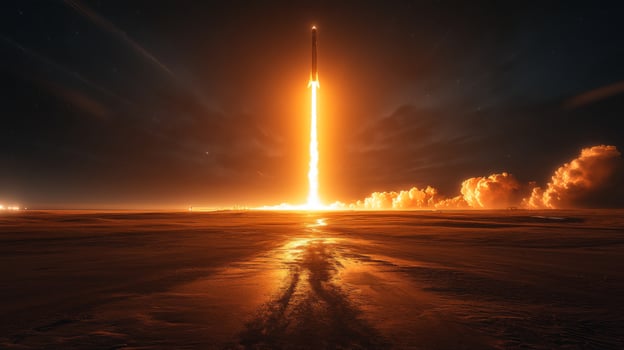 Bright flames erupt from the rocket as it soars into the night sky. The powerful launch demonstrates advanced aerospace technology and the achievements of modern spaceflight. photo
