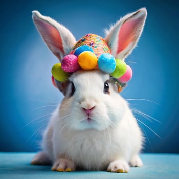 A white rabbit wearing a colorful hat photo