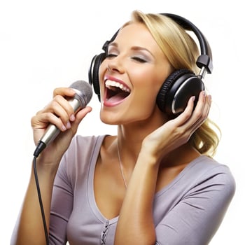 A woman singing into a microphone with headphones photo