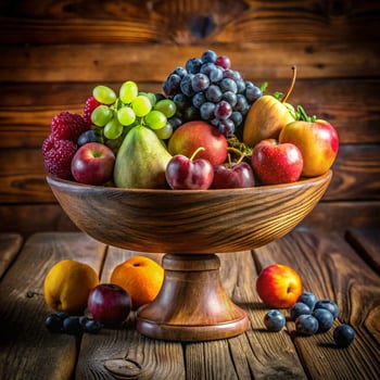 A bowl of fruit on a wooden table photo