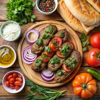 Grilled meat with vegetables and bread on a wooden table photo