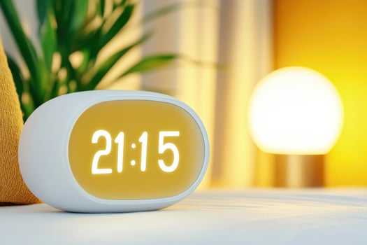 Smart home digital clock displaying 21.15 in a modern bedroom with ambient lighting and a visible voice assistant feature photo