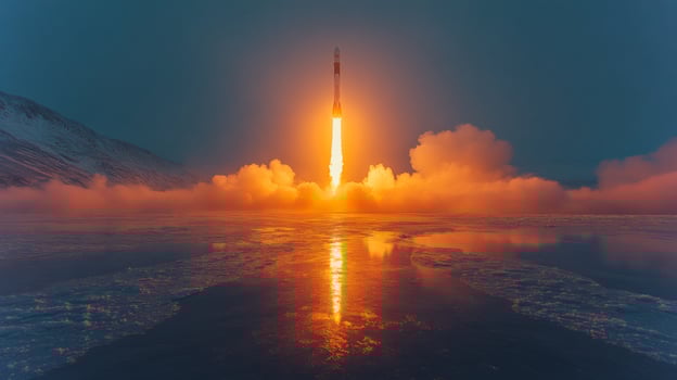 A rocket is lifting off from its launch pad during twilight, with bright flames and smoke trailing behind. The reflection of the launch is visible on the frozen surface of the water. photo