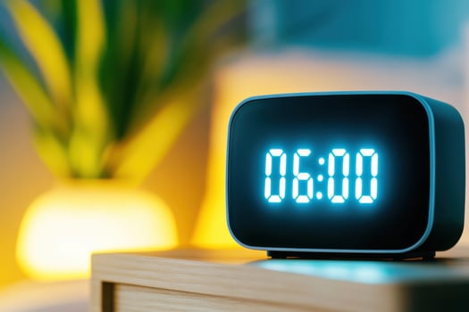 Modern digital alarm clock displaying 06.00 on a stylish wooden nightstand in soft morning light photo