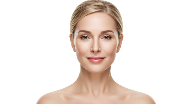 Portrait of Beautiful Blonde Woman with Clean and Healthy Skin on White Background photo