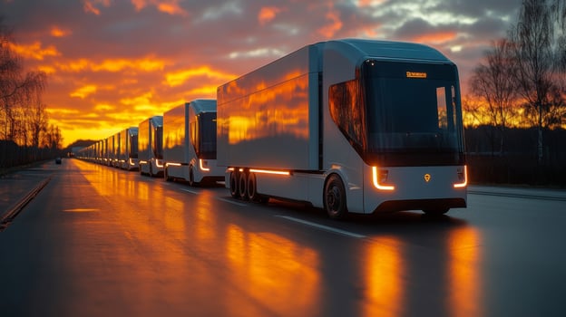 A fleet of electric trucks is seen lined up on a distribution road, their surfaces gleaming as the sunset casts vibrant colors in the sky. photo