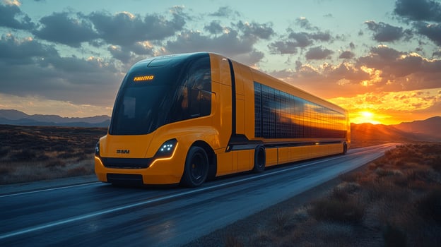 A yellow truck designed for freight transport travels along a rural road as the sun sets, highlighting a sky filled with vibrant colors and distant mountains. photo