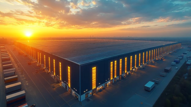 Large logistics warehouse illuminated by sunset, featuring sorting areas and storage capacity. Trucks parked nearby indicate ongoing distribution activities during evening hours. photo
