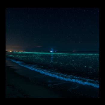 A beach with a light shining on it photo