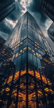 Low angle view of modern skyscraper reflecting city lights at dusk photo