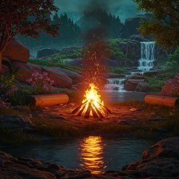 A campfire is lit in front of a waterfall photo