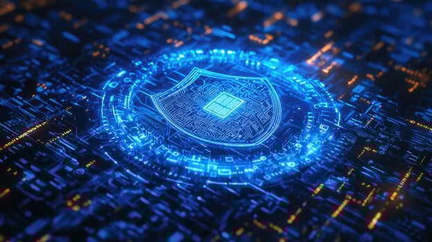 Futuristic Cyber Security Shield on Digital Circuit Board, Glowing Blue Protection Technology, Data Encryption Concept photo