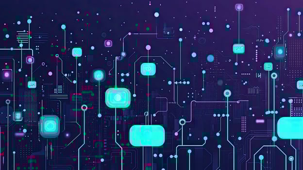 Futuristic Cybernetic Network Glowing Circuit Board with Connected Nodes, Technology Abstract, Data Flow, Artificial Intelligence. photo
