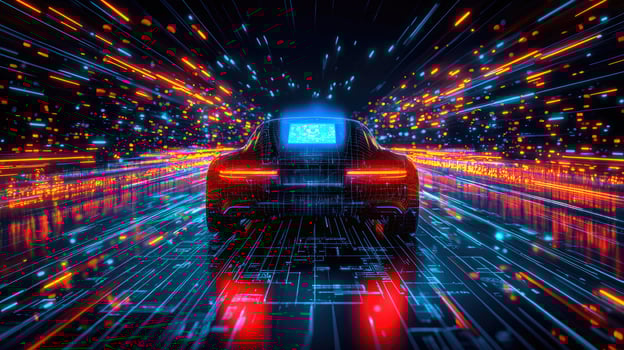 Futuristic Cyberpunk Car Speeding Through Digital Data Stream, AIDriven Vehicle with Neon Lights, Advanced Technology Concept. photo