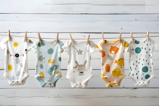 Charming baby onesies with playful patterns and soft colors hang on a clothesline, exuding comfort. photo