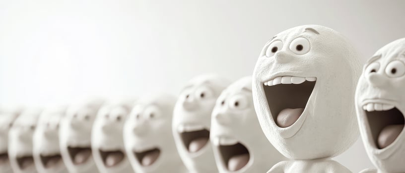 A row of white figures with open mouths photo