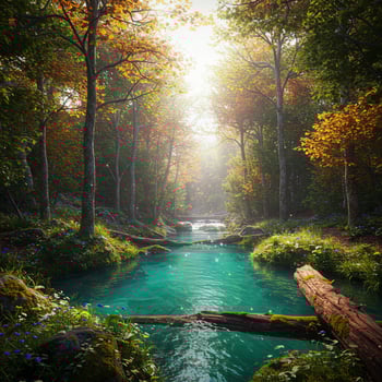 A beautiful forest scene with a stream and trees photo