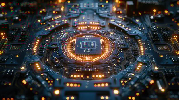 Futuristic Motherboard Design with Glowing Circuits and Intricate Details, HighTech Backdrop for Technology Innovation. photo