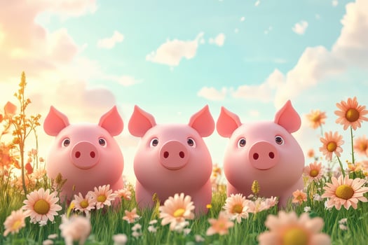 Three piggy banks standing in a field of daisies photo