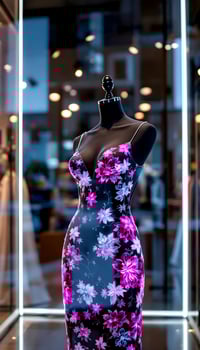 Elegant floral dress on a mannequin in a brightly lit store window display photo