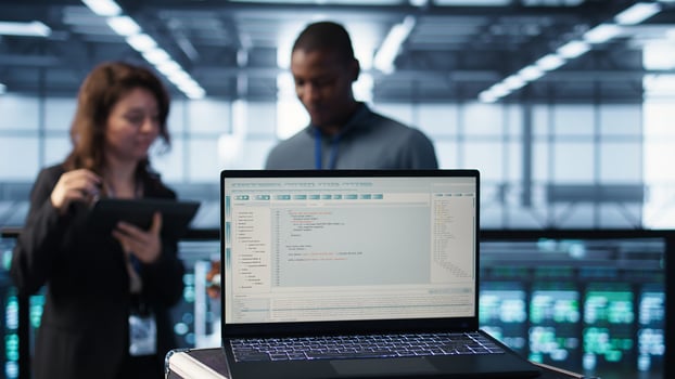 Lines of code on laptop display used by data center colleagues to run security patches. Programming language on notebook used by IT experts scanning gear, camera B close up photo