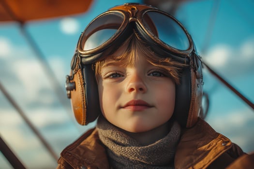 A young boy wearing goggles and a hat on an airplane photo