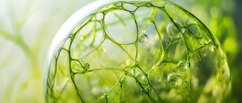 A close up of a green glass sphere with water droplets photo