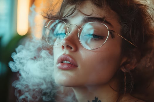 A woman with glasses and a tattoo smoking photo