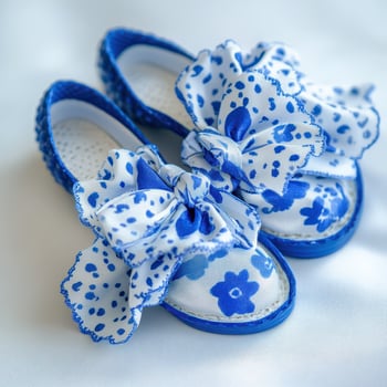 A pair of blue and white shoes with a bow photo