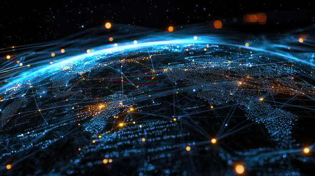 Global Network Connection Abstract World Map with Digital Data Flow and Bright Nodes for Communication and Technology. photo