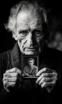 An elderly man with a weathered face gazes thoughtfully while holding a small framed portrait of his younger self. The ambiance evokes nostalgia and reflection on past memories photo