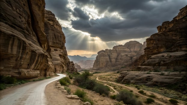 Desert Road Majestic Sunlight Through Clouds Adventure Travelers Landscape Photography Nature Scenery Outdoor Exploration Tourism Destination Wilderness Pathway Adventure photo