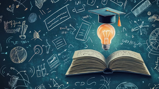 Graduation Cap, Light Bulb, and Open Book Symbolizing Education, Knowledge, Ideas, and Academic Achievement on Chalkboard Background. photo