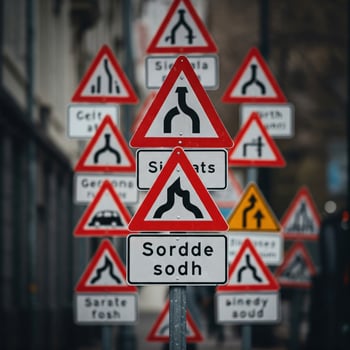 City street crowded with traffic signs photo