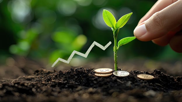Growing Investment Seedling, Coins, Upward Chart, and Hand Nurturing Future Financial Success in Nature photo