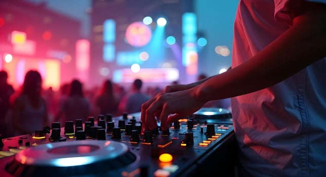 DJ Mixing Music at a Lively Party with Colorful Lights photo