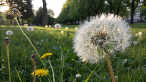 Dandelion seeds glowing in sunlight, serene park scene for nature lovers and photographers seeking tranquil outdoor moments nature photo