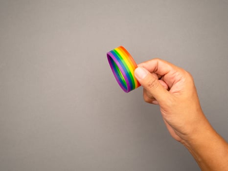 Hand holding of a rainbow wristband on a gray background photo