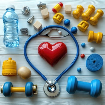 Healthy Lifestyle Flat Lay with Stethoscope, Dumbbells, Water Bottle, and Toys on White Wood Background photo