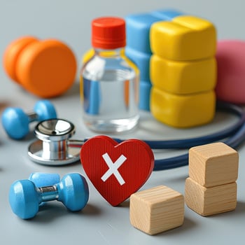 Heart Health with Dumbbells, Stethoscope, and Wooden Blocks Representing Healthy Lifestyle and Disease Prevention photo